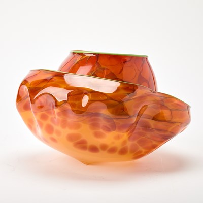 Lot 405 - Dale Chihuly Two-Piece Hand-Blown Glass Orange Macchia Basket With Green Lip Wrap