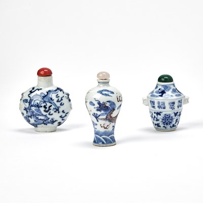 Lot 420 - Three Chinese Blue and White Porcelain Snuff Bottles