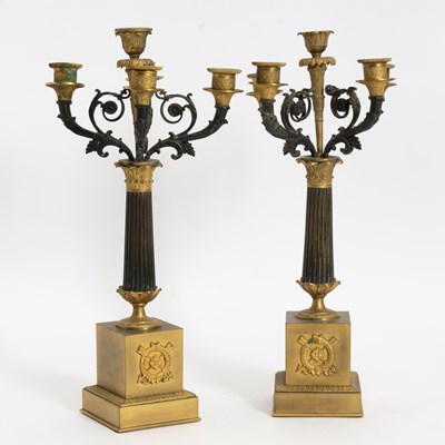 Lot 37 - Pair of Empire Style Gilt and Patinated Bronze Six-Light Candelabra