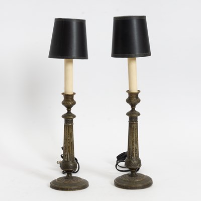 Lot 49 - Pair of Restauration Style Brass Candlestick Lamps
