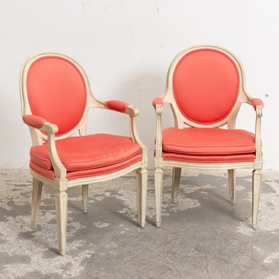 Lot 52 - Pair of Louis XV Style Cream Painted Upholstered Armchairs