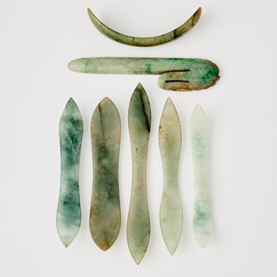 Lot 491 - Seven Chinese Carved Jade and Jadeite Hairpins