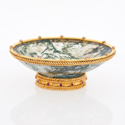 Lot 372 - Vourakis 18 KT Gold Mounted Moss Agate and Ruby Dish