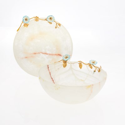 Lot 375 - Pair of Asprey & Co. 18 KT Gold and Enamel Mounted Agate Bowls