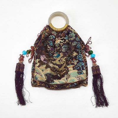 Lot 379 - A Chinese Embroidered Silk Pouch with Jade Handles