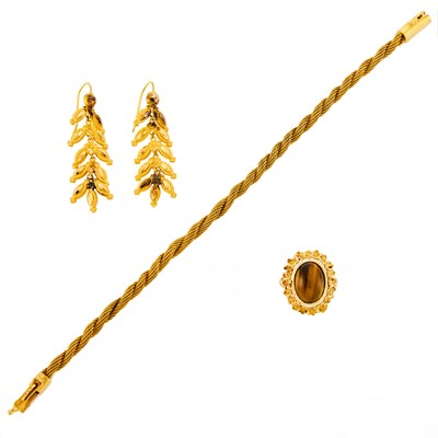 Lot 1216 - Gold, Cabochon Tiger's Eye and Chrysoprase Spinner Ring and Gold Bracelet and Pair of Earrings