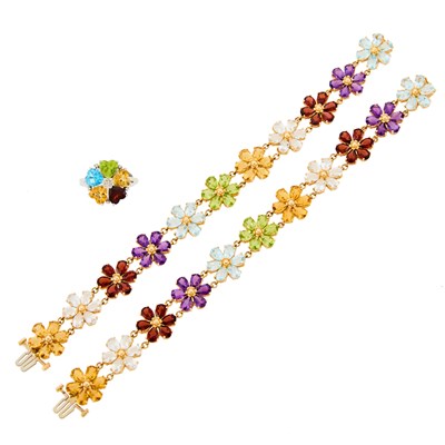 Lot 1247 - Gold and Gem-Set Convertible Necklace/Bracelet and White Gold, Gem-Set and Diamond Ring