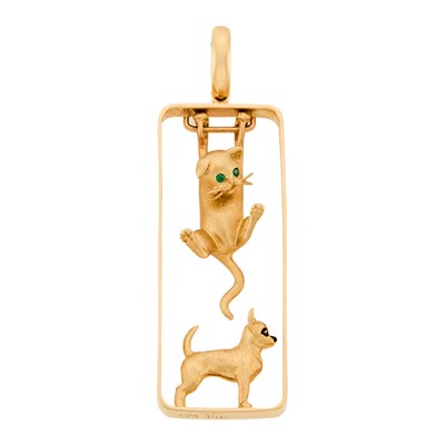 Lot 1173 - Gold, Enamel and Emerald Cat and Dog Pendant