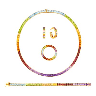 Lot 98 - Gold and Colored Stone Rainblow Necklace, Bracelet, Circle Pin and Pair of Hoop Earrings