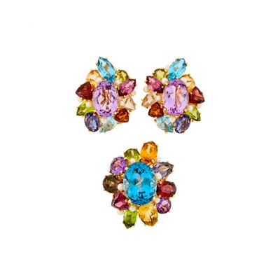 Lot 1218 - Gold, Gem-Set and Cultured Pearl Cluster Ring and Pair of Earrings