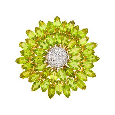 Lot 99 - Two-Color Gold, Peridot and Diamond Flower Clip-Brooch