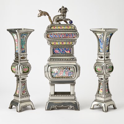 Lot 405 - A Large Chinese Three-Piece Pewter Garniture