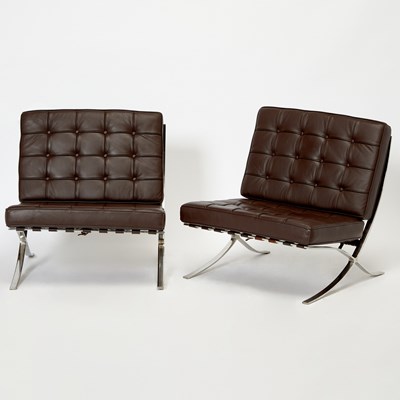 Lot 246 - Pair of Mies van der Rohe Chromed Metal and Upholstered "Barcelona" Lounge Chairs
