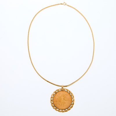 Lot 2013 - Gold Chain Necklace with Frame Pendant and 50 Pesos Mexican Gold Coin