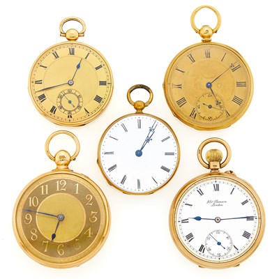 Lot 1352 - Group of Gold, Low Karat Gold and Gold-Filled Open Face Pocket Watches
