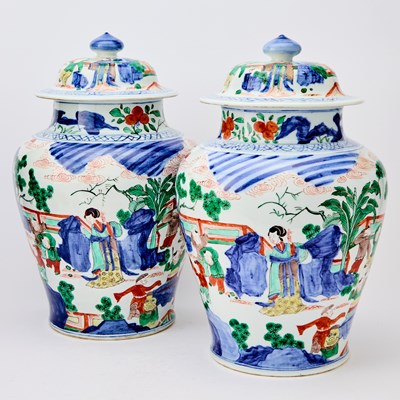 Lot 239 - A Pair of Chinese Wucai Porcelain Jars and Covers