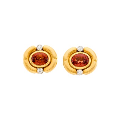 Lot 1001 - Tiffany & Co. Pair of Gold, Platinum, Spessartite Garnet and Diamond Earclips