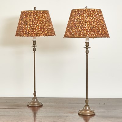 Lot 101 - Pair of Tall Patinated Metal Table Lamps with Feathered Shades