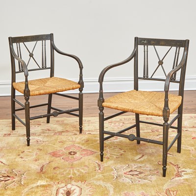 Lot 109 - Pair of George III Style Painted Rush Seat Side Chairs