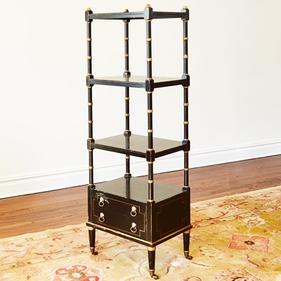 Lot 107 - Regency Style Faux Bamboo Black Lacquer and Gilt Decorated Etagere
