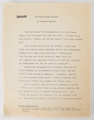 Lot 11 - A wide-ranging group of Bye Bye Birdie materials, with early programs, photographs and more