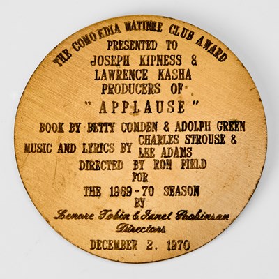 Lot 19 - Comoedia Matinee Club Award presented to Charles Strouse for “Applause”