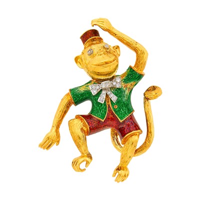 Lot 105 - Two-Color Gold, Enamel and Diamond Monkey Brooch