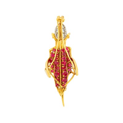 Lot 117 - Two-Color Gold, Diamond and Ruby Grasshopper Clip-Brooch