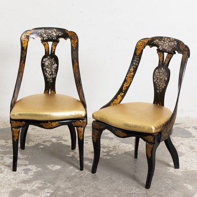 Lot 67 - Pair of Victorian Mother-of-Pearl Inlaid Gilt and Black Lacquer Side Chairs