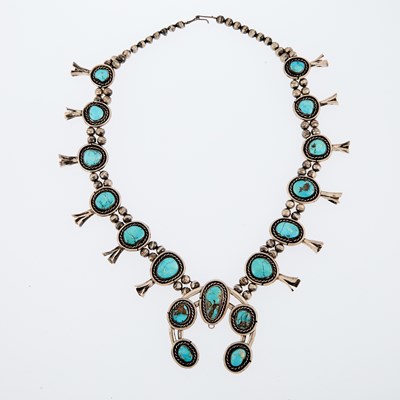 Lot 1370 - Silver and Turquoise Squash Blossom Necklace