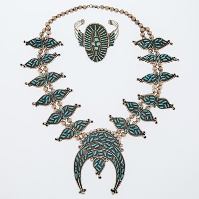 Lot 1372 - Silver and Turquoise Squash Blossom Necklace and Cuff Bangle Bracelet