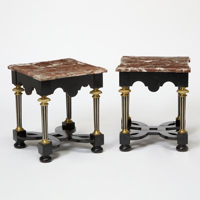 Lot 254 - Pair of Louis XVI Style Marble Top Ebonized and Parcel Gilt Side Tables