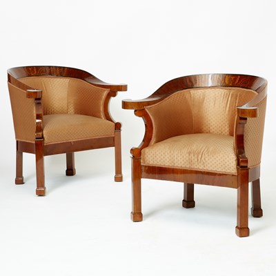Lot 157 - Pair of Continental Neoclassical Inlaid Mahogany Armchairs