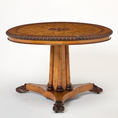 Lot 600 - William IV Bird's Eye Maple, Burr Maple, Rosewood, and Satinwood Marquetry Center Table