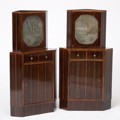 Lot 252 - Pair of Art Deco Macassar Ebony and Frosted Glass Encoigneur Nightstands
