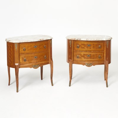 Lot 148 - Pair of Louis XV/XVI Transitional Style Marble Top Rosewood Commodes