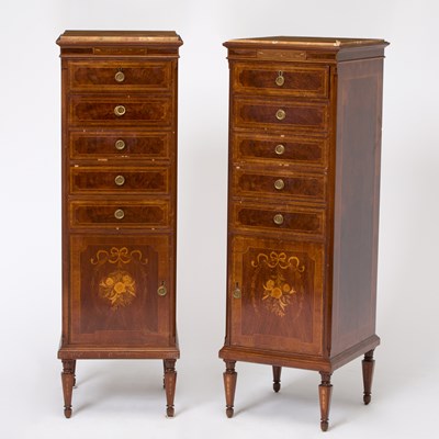 Lot 178 - Pair of Louis XVI Style Inlaid Walnut and Kingwood Tall Chest of Drawers