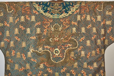 Lot 50 - A Fine and Rare Chinese Brown-Ground Embroidered Silk ‘Baishou’ Dragon Robe, Jifu