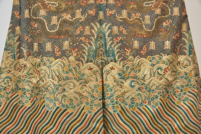 Lot 50 - A Fine and Rare Chinese Brown-Ground Embroidered Silk ‘Baishou’ Dragon Robe, Jifu