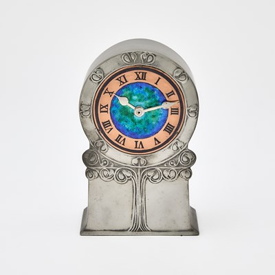Lot Liberty & Co. Art Nouveau Tudric Pewter, Copper and Enamel Desk Clock