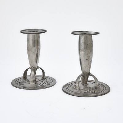 Lot 136 - Pair of Liberty & Co. Art Nouveau Tudric Pewter Candlesticks