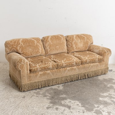 Lot 79 - Custom Tan Velvet Damask Upholstered Sofa