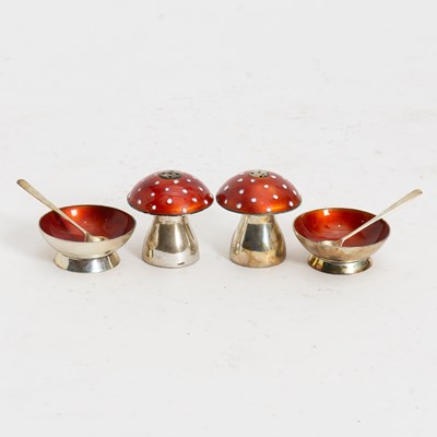 Lot 112 - Pair of Mushroom Form Sterling Silver and Enamel Shakers