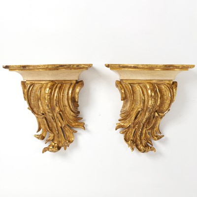 Lot 695 - Pair of Large Rococo Style Gilt and Ivory Painted Wood Wall Brackets