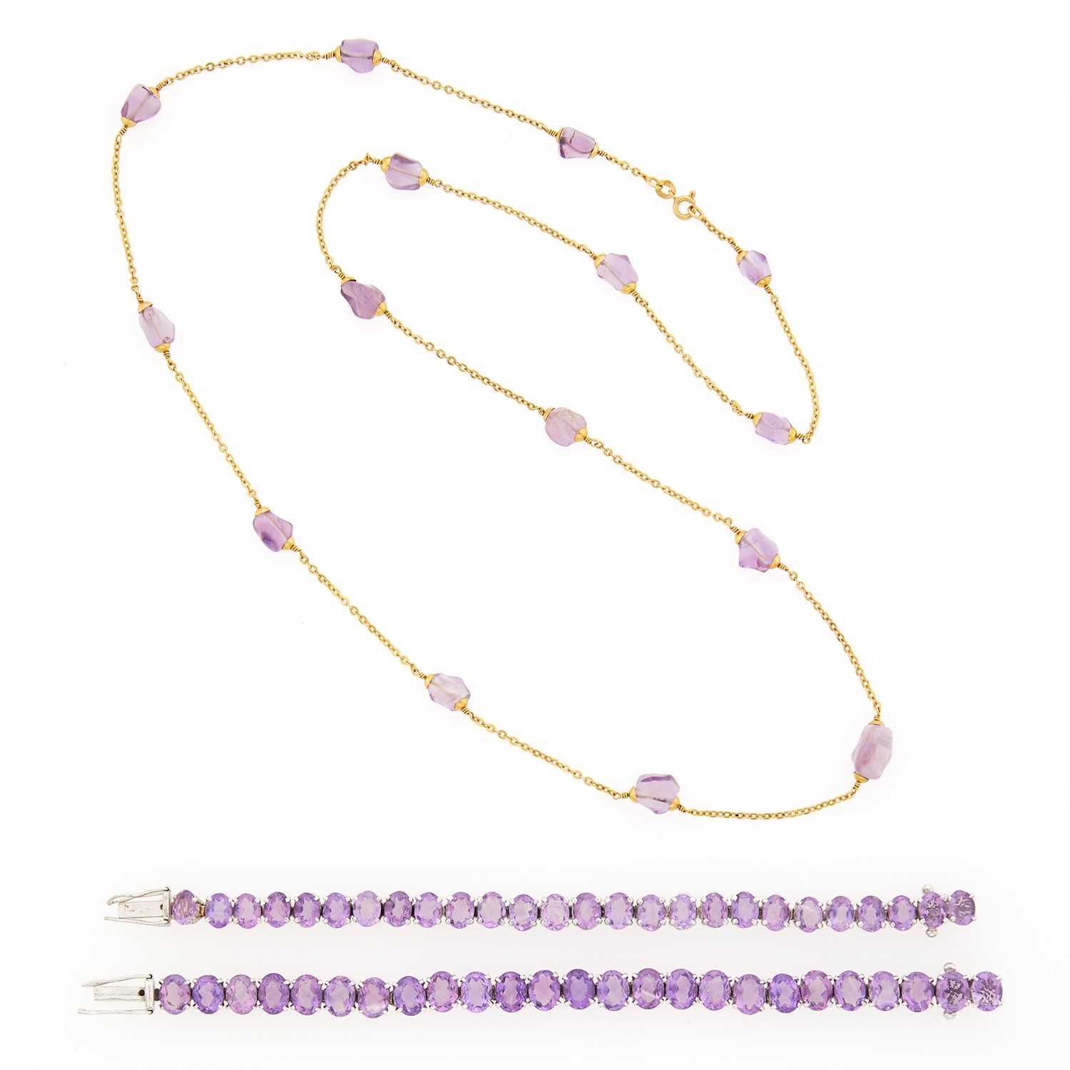 Lot 1273 - Pair of Low Karat White Gold and Amethyst Bracelets and Gold and Tumbled Amethyst Bead Necklace
