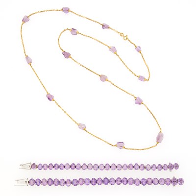 Lot 1273 - Pair of Low Karat White Gold and Amethyst Bracelets and Gold and Tumbled Amethyst Bead Necklace