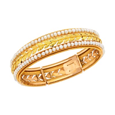 Lot 41 - Antique Two-Color Gold and Pearl Bangle Bracelet, France