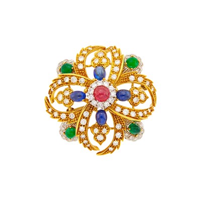 Lot 125 - Staurino Fratelli Two-Color Gold, Cabochon Colored Stone and Diamond Flower Brooch