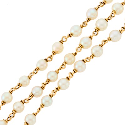 Lot 1221 - Triple-Strand Gold and Cultured Pearl Bracelet
