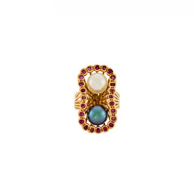 Lot 1205 - Gold, Black and White Cultured Pearl and Ruby Ring